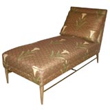 Paul McCobb Chaise with Walnut Legs and Brass Stretchers