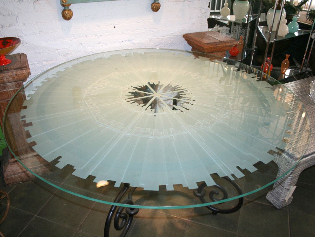 Etched Glass Table with Wrought Iron Base by Dorothy Lerner 1