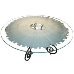 Etched Glass Table with Wrought Iron Base by Dorothy Lerner