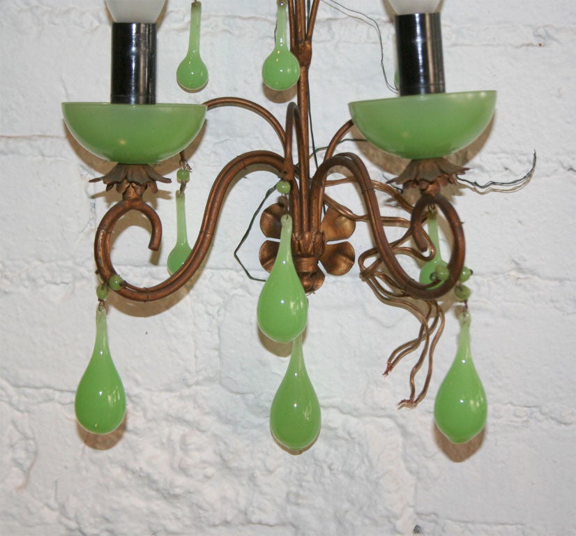 20th Century Pair French Art Nouveau Sconces with Green Opaline Glass
