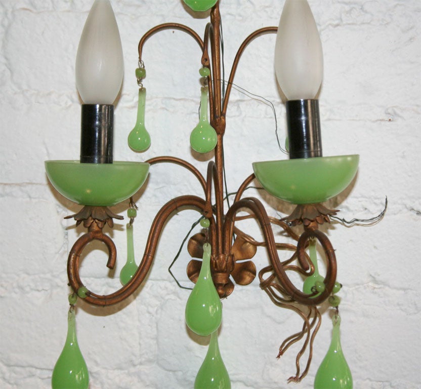 Brass Pair French Art Nouveau Sconces with Green Opaline Glass