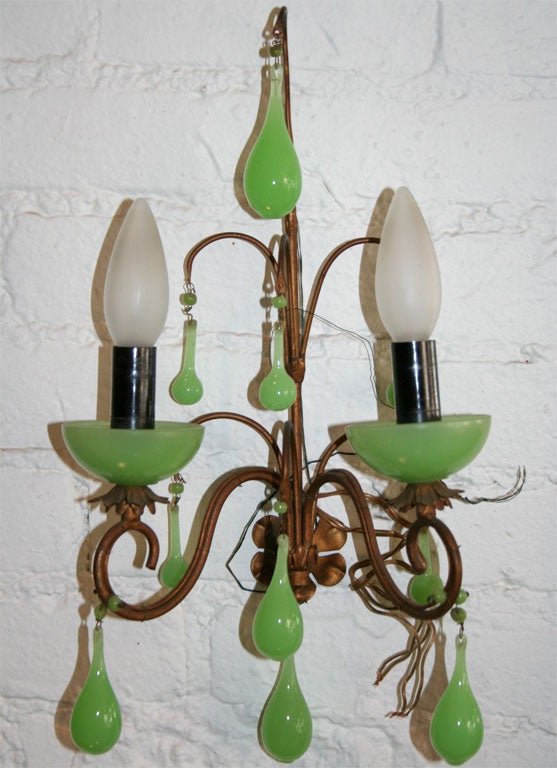 Pair French Art Nouveau Sconces with Green Opaline Glass 1