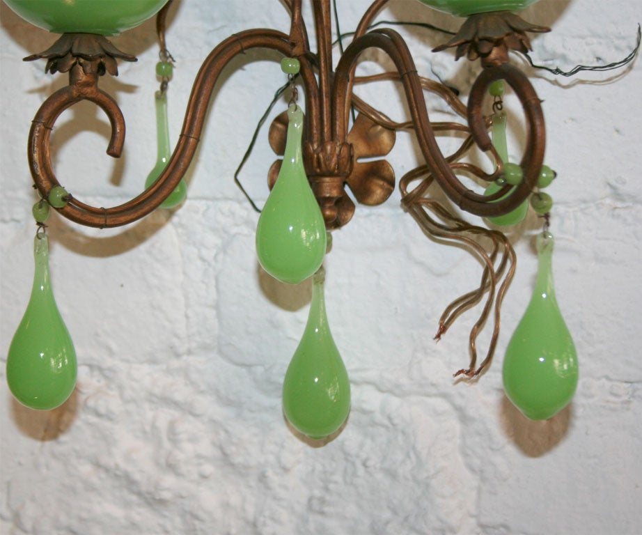 Pair French Art Nouveau Sconces with Green Opaline Glass 2