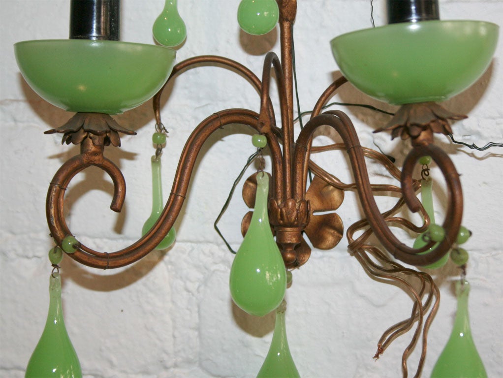 Pair French Art Nouveau Sconces with Green Opaline Glass 3