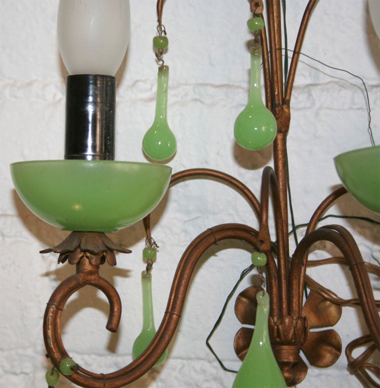 Pair French Art Nouveau Sconces with Green Opaline Glass 4