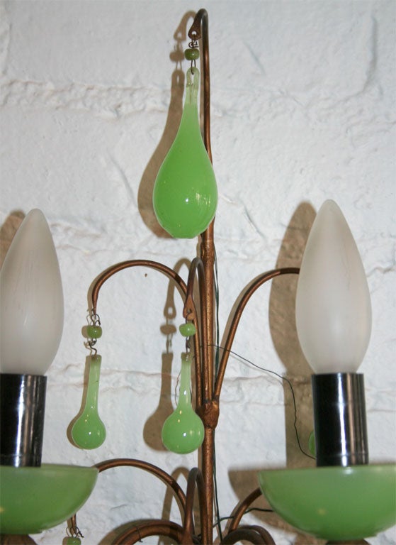 Pair French Art Nouveau Sconces with Green Opaline Glass 5