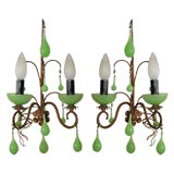 Pair French Art Nouveau Sconces with Green Opaline Glass