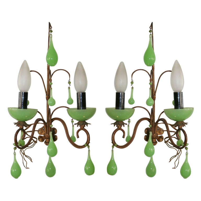 Pair French Art Nouveau Sconces with Green Opaline Glass