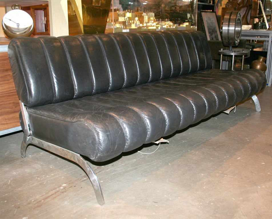 French 70's Leather and Aluminum Couch/Daybed