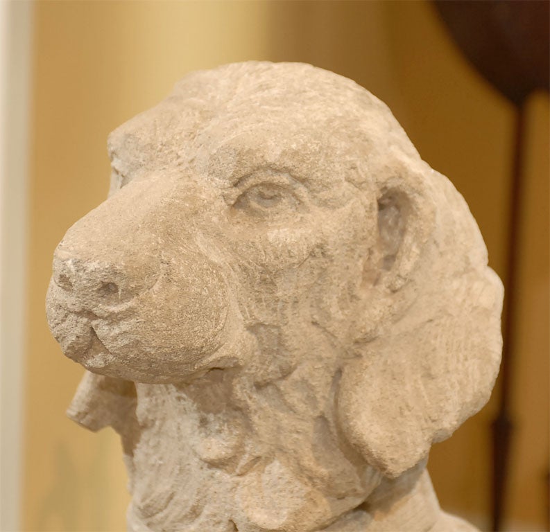 PAIR OF OLD CARVED LIMESTONE DOGS, PROBABLY GOLDEN RETRIEVERS