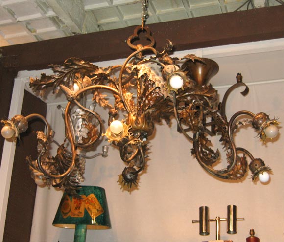 French Canada Thistle Wrought Iron Chandelier Attributed to Emile Robert For Sale