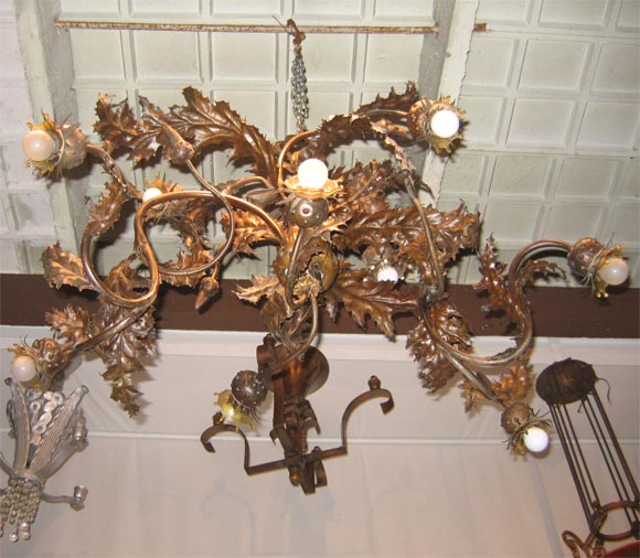 Canada Thistle Wrought Iron Chandelier Attributed to Emile Robert In Good Condition For Sale In Saint Ouen, FR