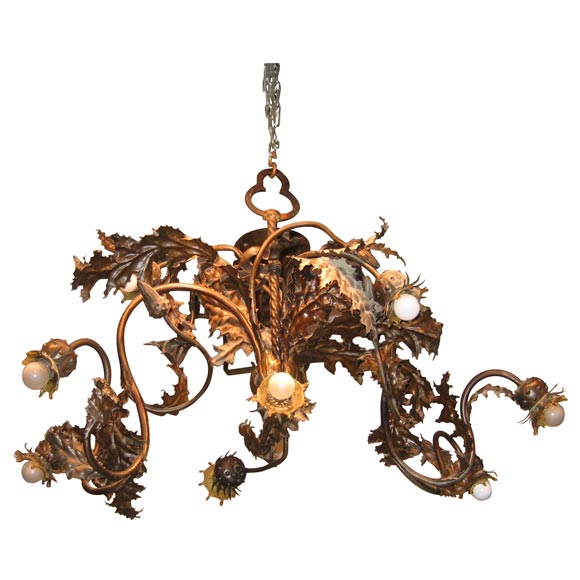 Canada Thistle Wrought Iron Chandelier Attributed to Emile Robert For Sale