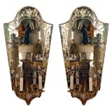 PAIR of BIG C. 1924  Etched Mirrored Sconces
