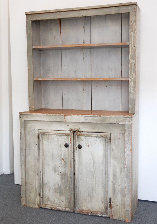 19THC ORIGINAL WHITE /GREY OPEN TOP PEWTER CUPBOARD WITH GREAT PAINTED SURFACE AND PATINA/PICTURE FRAME MOLDING TRIM ON DOORS AND PAINTED INSIDE BACK BOARDS GREAT CONDITION