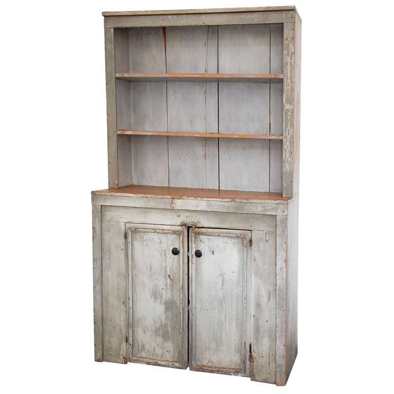 19THC ORIGINAL WHITE/GREY PAINTED COUNTRY PEWTER CUPBOARD