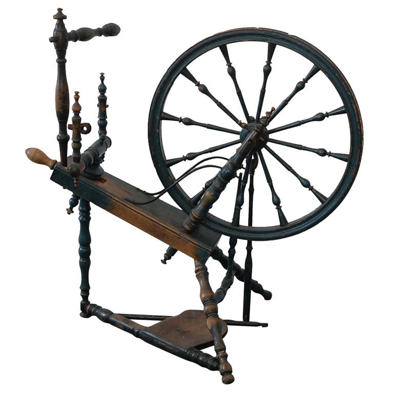 Rare 18th Century Spinning Wheel in Original Blue Paint