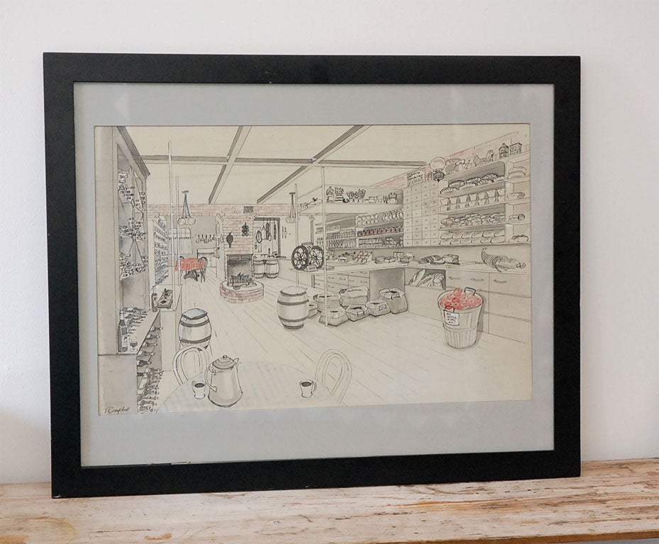 FRAMED PEN AND INK WATER COLOR OF A GENERAL STORE