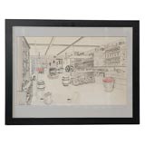 FRAMED PEN AND INK WATER COLOR OF A GENERAL STORE