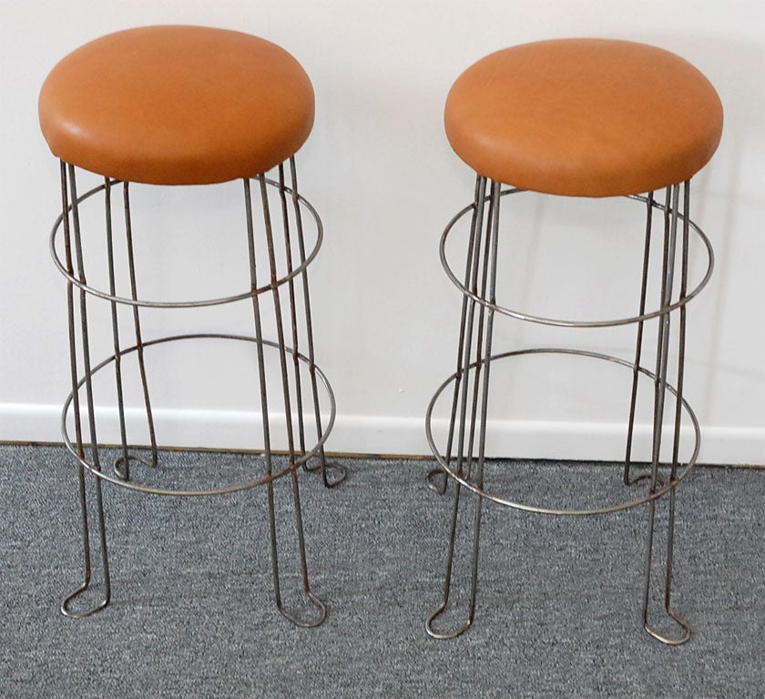 19201930'S INDUSTRIAL METAL BAR STOOLS WITH LEATHER SEATS at 1stDibs