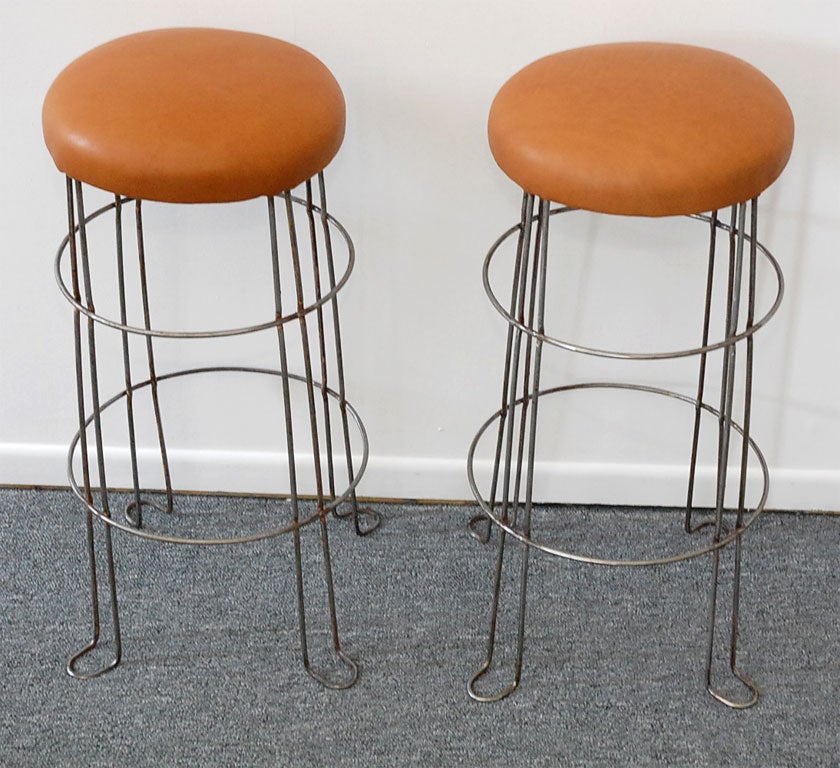 1920-1930'S INDUSTRIAL METAL BAR STOOLS WITH LEATHER SEATS 1