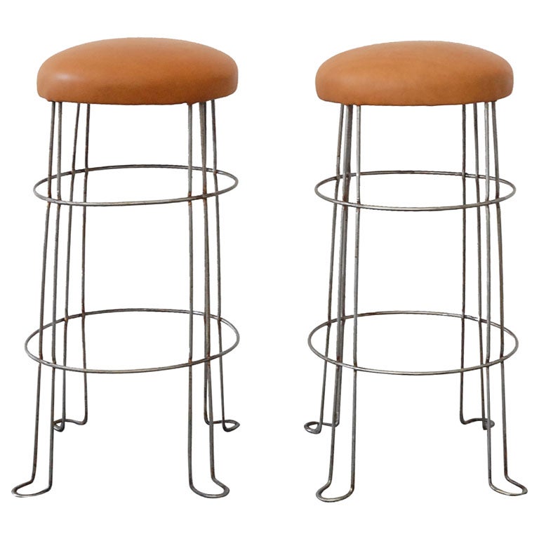 1920-1930'S INDUSTRIAL METAL BAR STOOLS WITH LEATHER SEATS