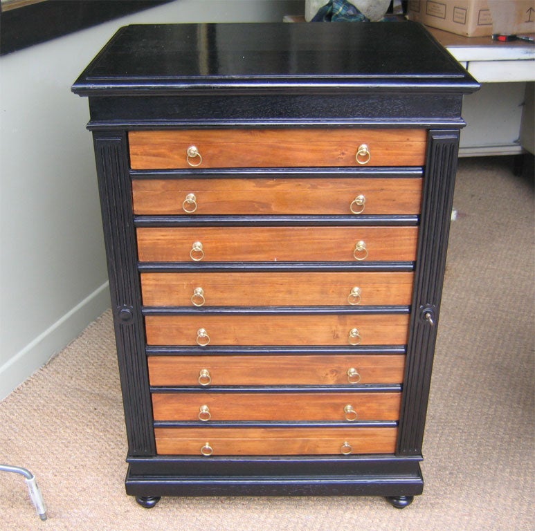 19th century cabinet in cerused oak and eight drawers in fruit-wood. Seven boxes containing butterflies, and one empty box.