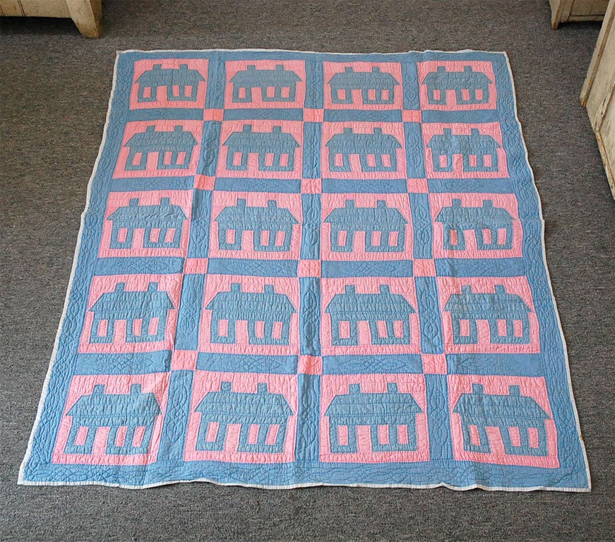 RARE 1930'S BLUE & PINK SCHOOL HOUSE QUILT