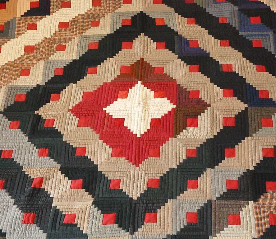 19THC WOOL LOG CABIN BARN RAISING PATTERN QUILT at 1stdibs