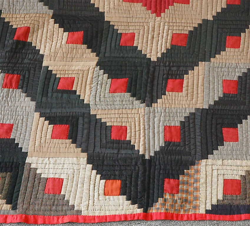19THC WOOL LOG CABIN BARN RAISING PATTERN QUILT at 1stdibs