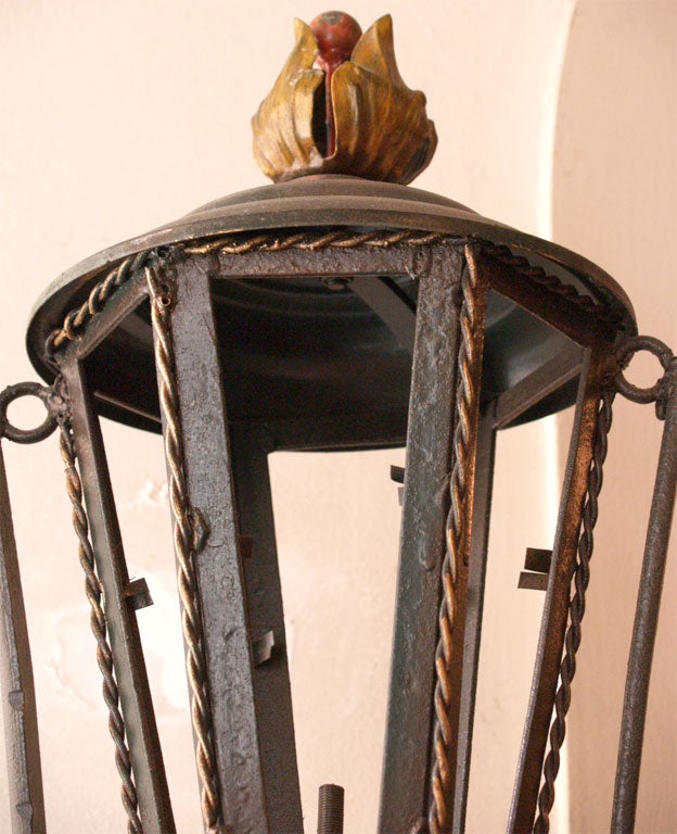 Pair Spanish wrought iron torcheres lanterns.