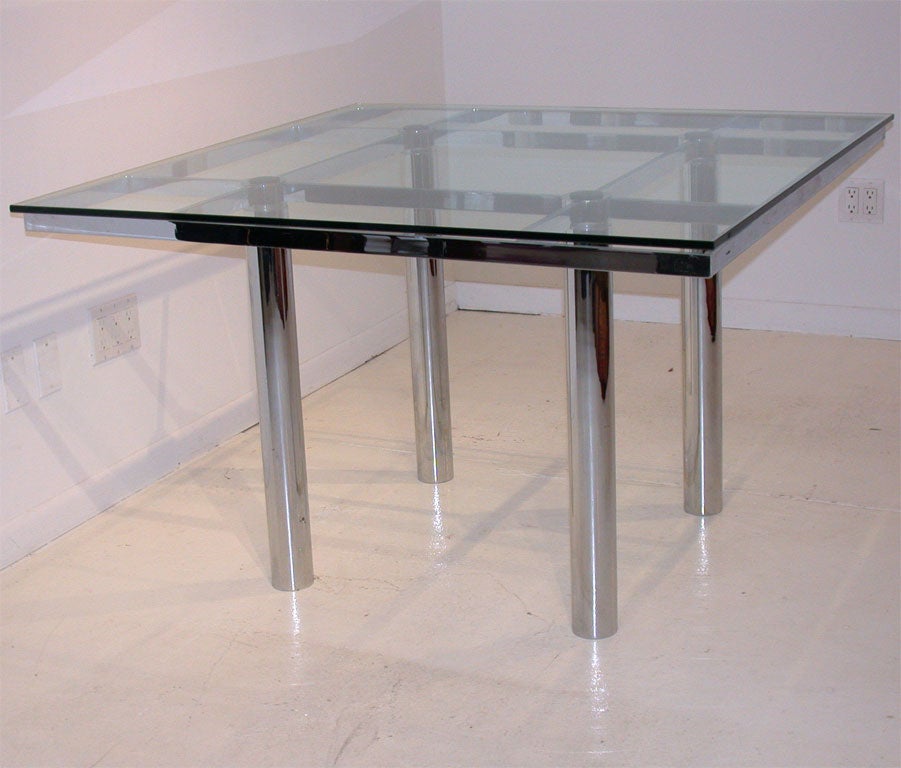 Large square clear glass Andre dining table by Tobia Scarpa for Knoll.