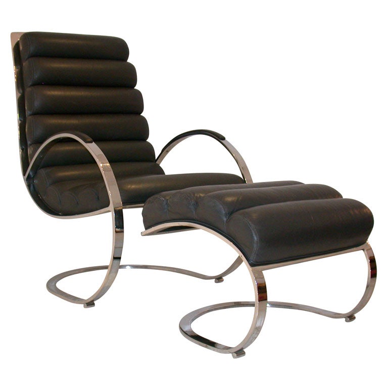 Channel quilted gray leather lounge chair and ottoman