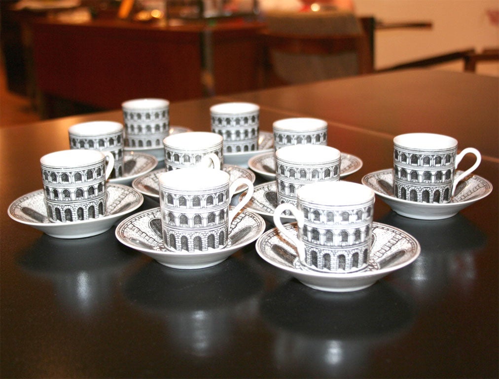 Set of Ten Espresso Cups and Saucers by Piero Fornasetti