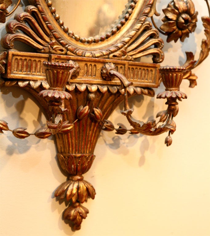 English Pair Carved Giltwood Mirrored Sconces For Sale