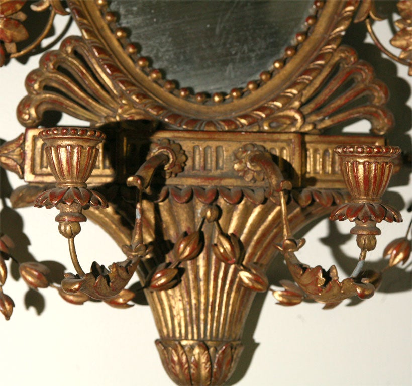 Pair Carved Giltwood Mirrored Sconces For Sale 3