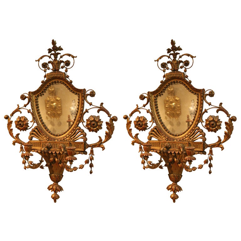 Pair Carved Giltwood Mirrored Sconces For Sale