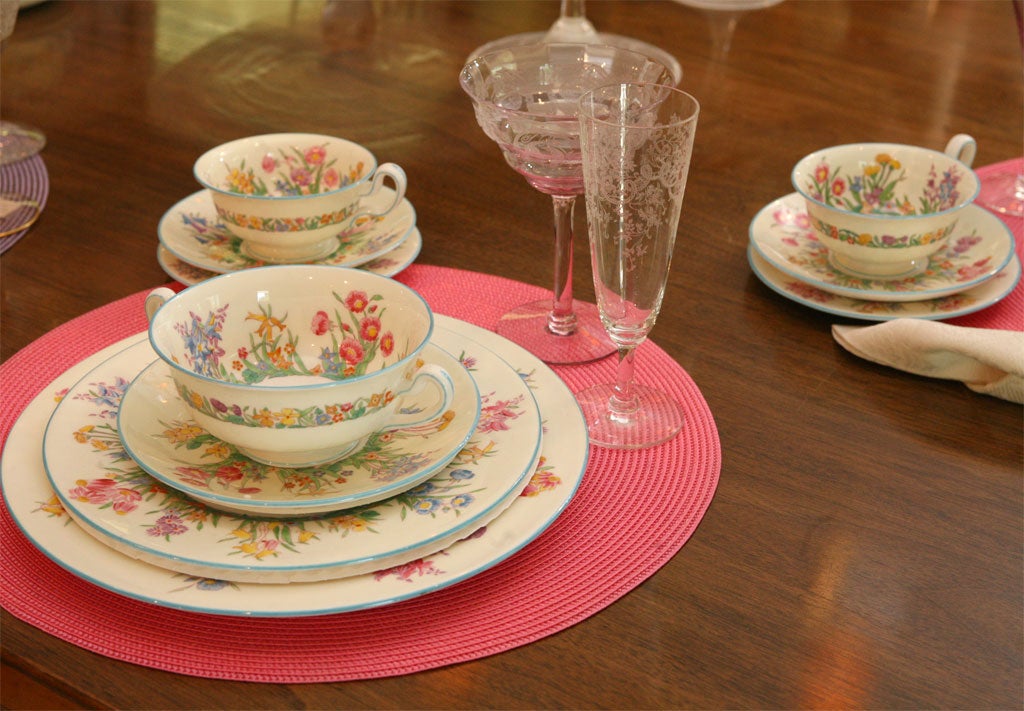 Complete dinner service by Wedgwood from the 1920s with hand painted enamel floral decoration. The set includes all the pieces you need for a glorious Springtime table setting. The only thing left are the flowers and guests!
This complete service