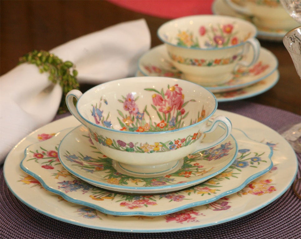 Enameled 96 Pc. Wedgwood Complete Dinner Service for 12 W/ Hand Painted Floral Decoration