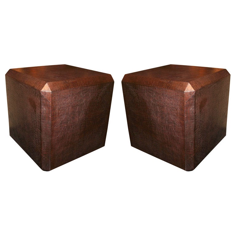 Pair of Cube Table Covered in Embossed Croc by Karl Springer