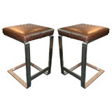 Pair of Flat Banded Steel Bar Stools with Croc Seats
