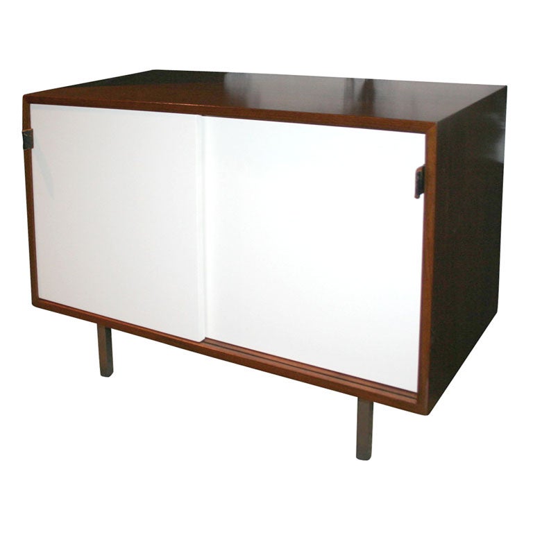 Knoll walnut credenza with white lacquered sliding doors-1950's
