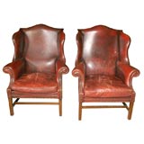 Vintage Pair of Dark Red Leather Wing-Back Chairs