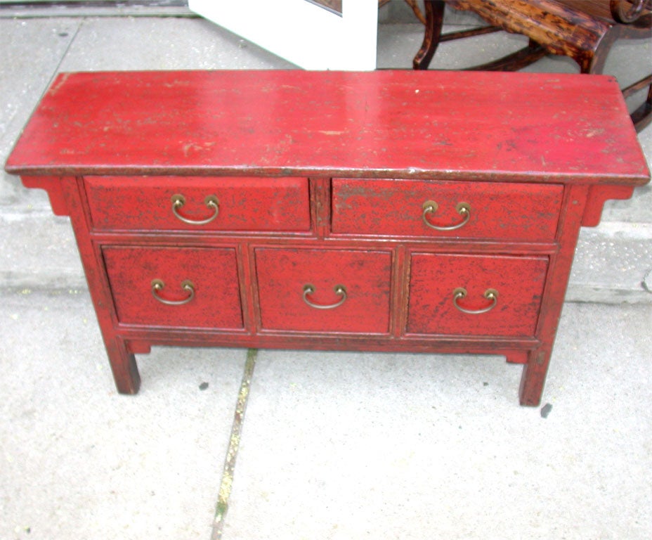 Chinese Late 19thC. Q'ing Dynasty Shanxi Red Lacquered 5 Drawer Chest  For Sale
