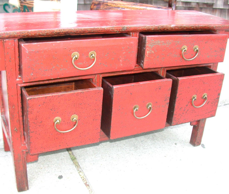 Elm Late 19thC. Q'ing Dynasty Shanxi Red Lacquered 5 Drawer Chest  For Sale