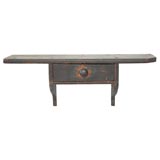 Antique EARLY 19THC ORIGINAL BLACK PAINTED WALL SHELF W/ DRAWER