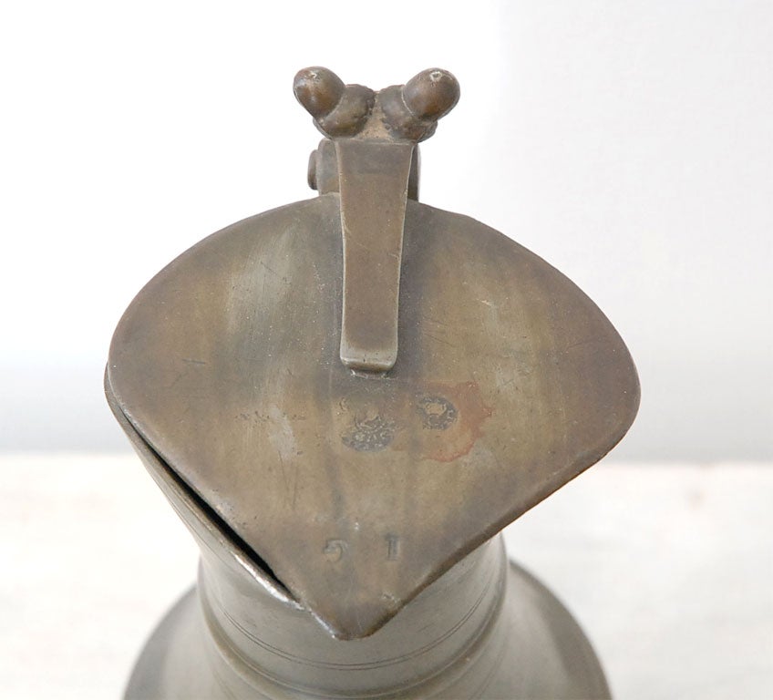 18THC PEWTER PITCHER W/ LID ATTACHED-HALL MARKS  ON LID 1