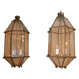 Pair of gilt metal and etched glass lanterns