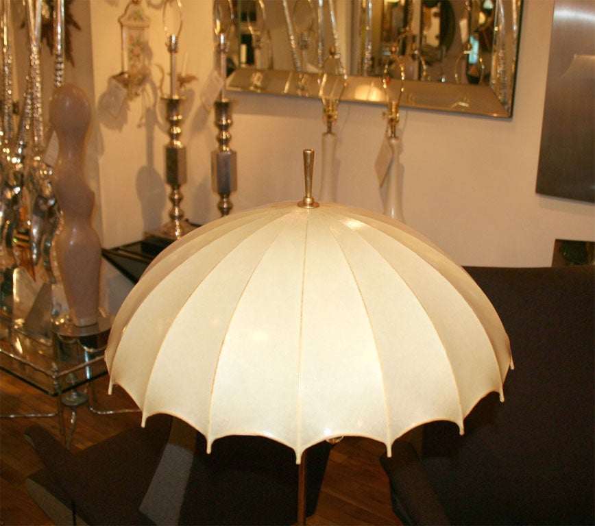 Single brass umbrella form floor lamp with vellum shade 3