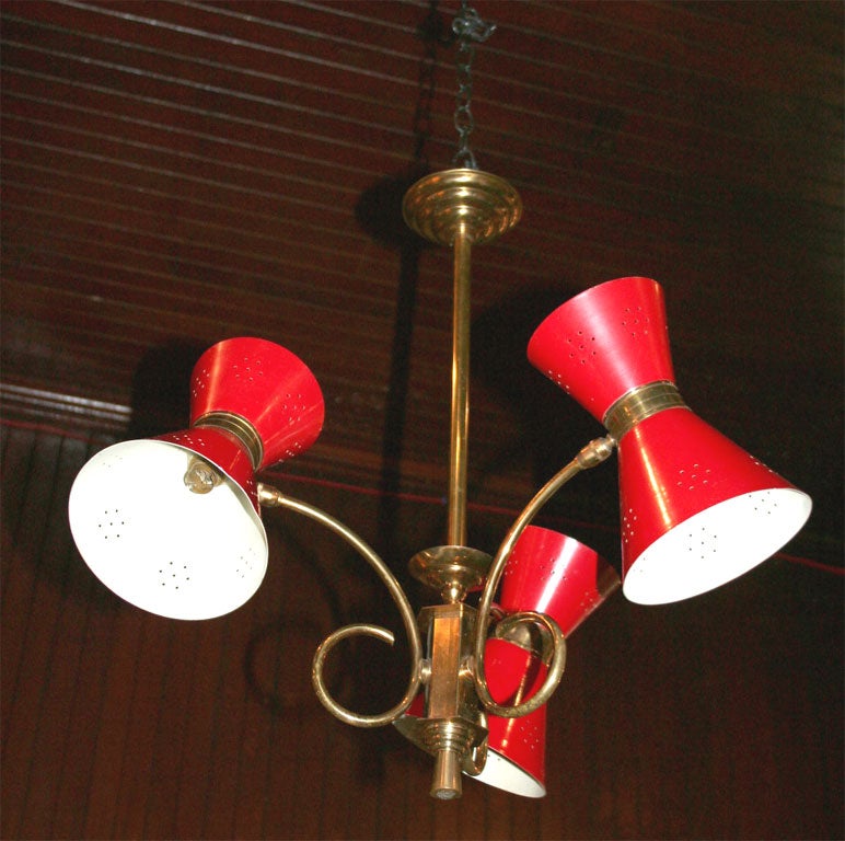 Mid-20th Century French Mid Century Modern Red Conical Three-Light Chandelier For Sale